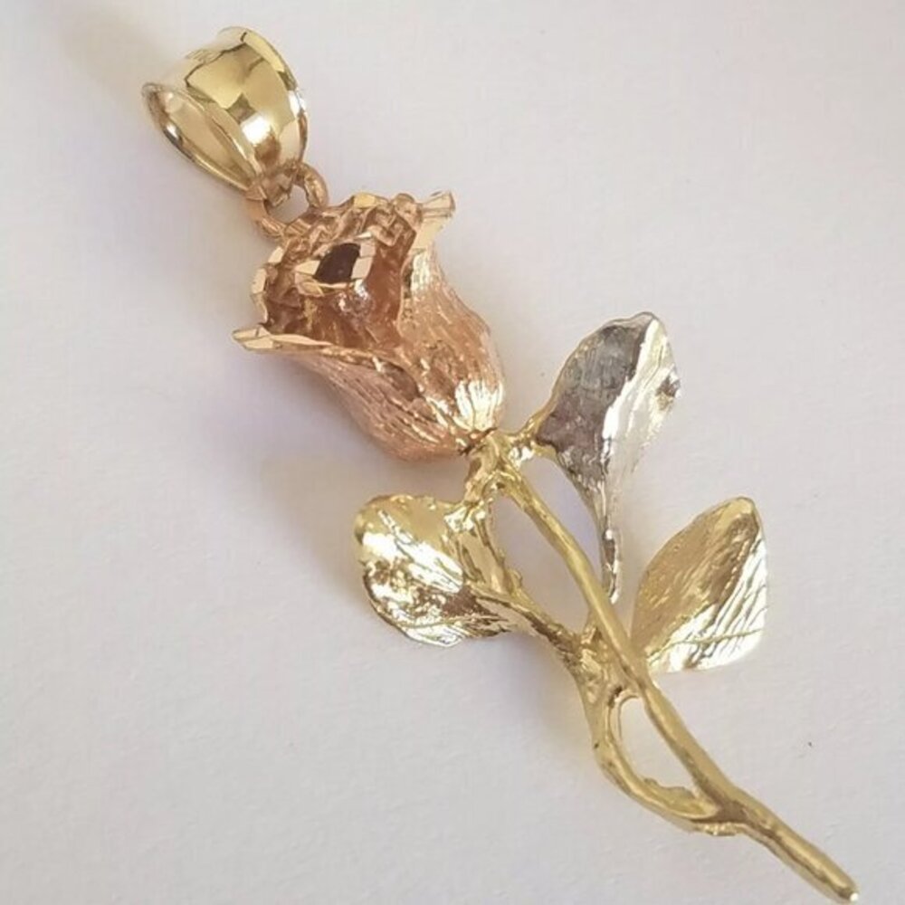 Solid 14k yellow white rose flower Gold pendant charm 3D